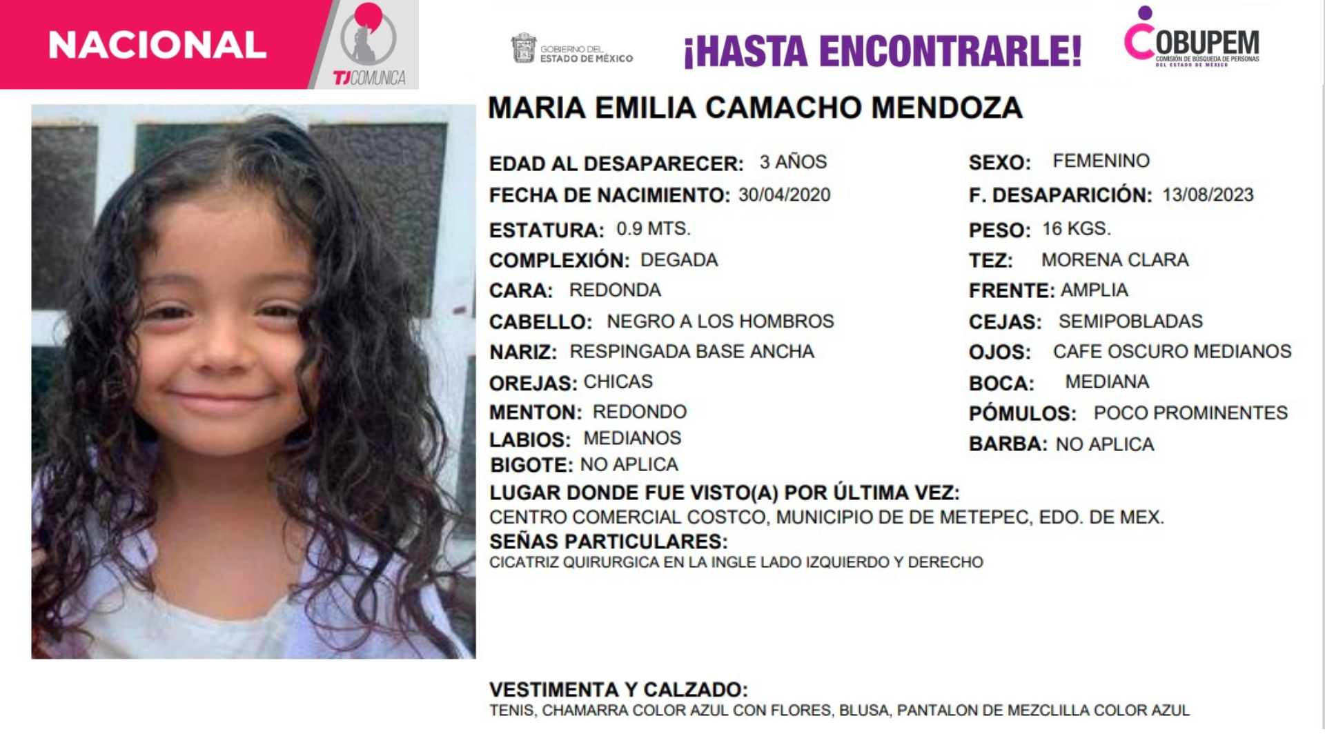 Alerta Amber: Buscan a María Emilia Camacho Mendoza, de 3 años. Desapareció en Costco del Edomex