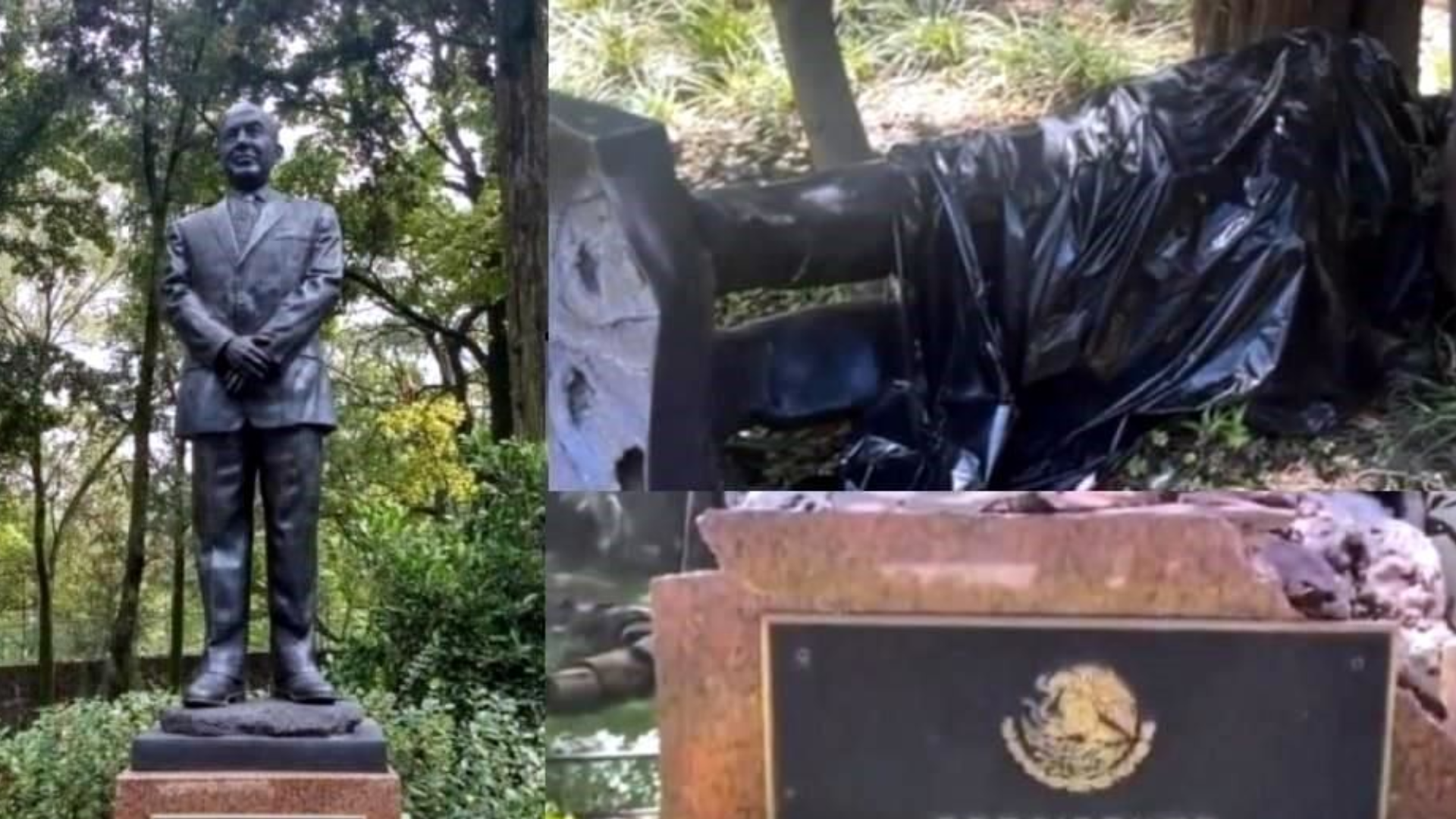 Árbol tira estatua de Calderón