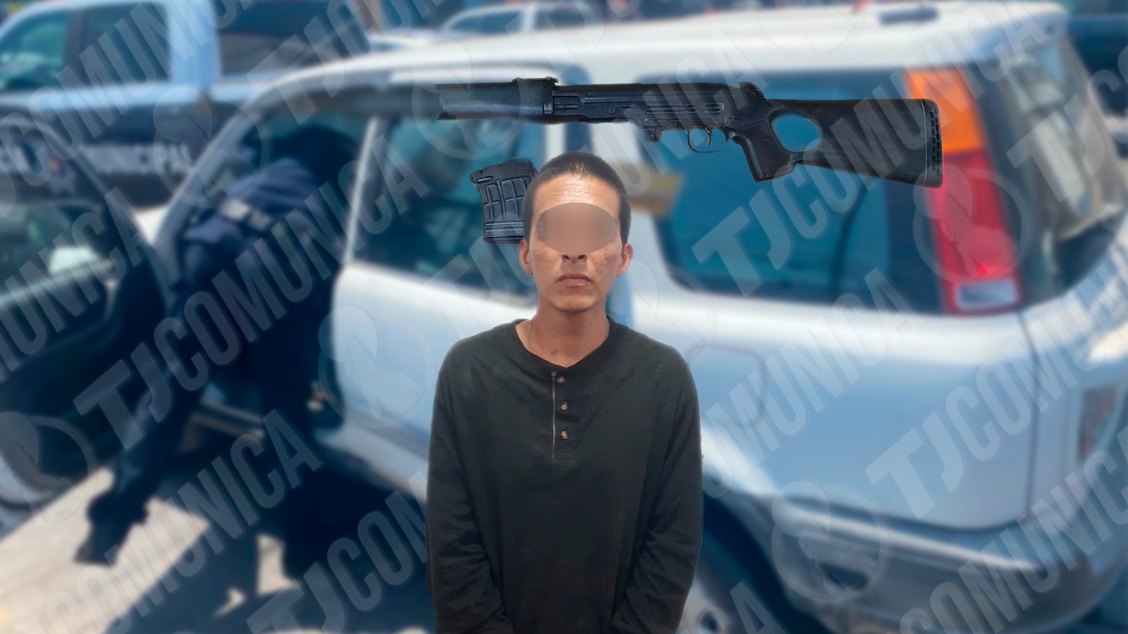 Municipal detiene a sujeto por portación de arma y vehículo involucrado en un homicidio.