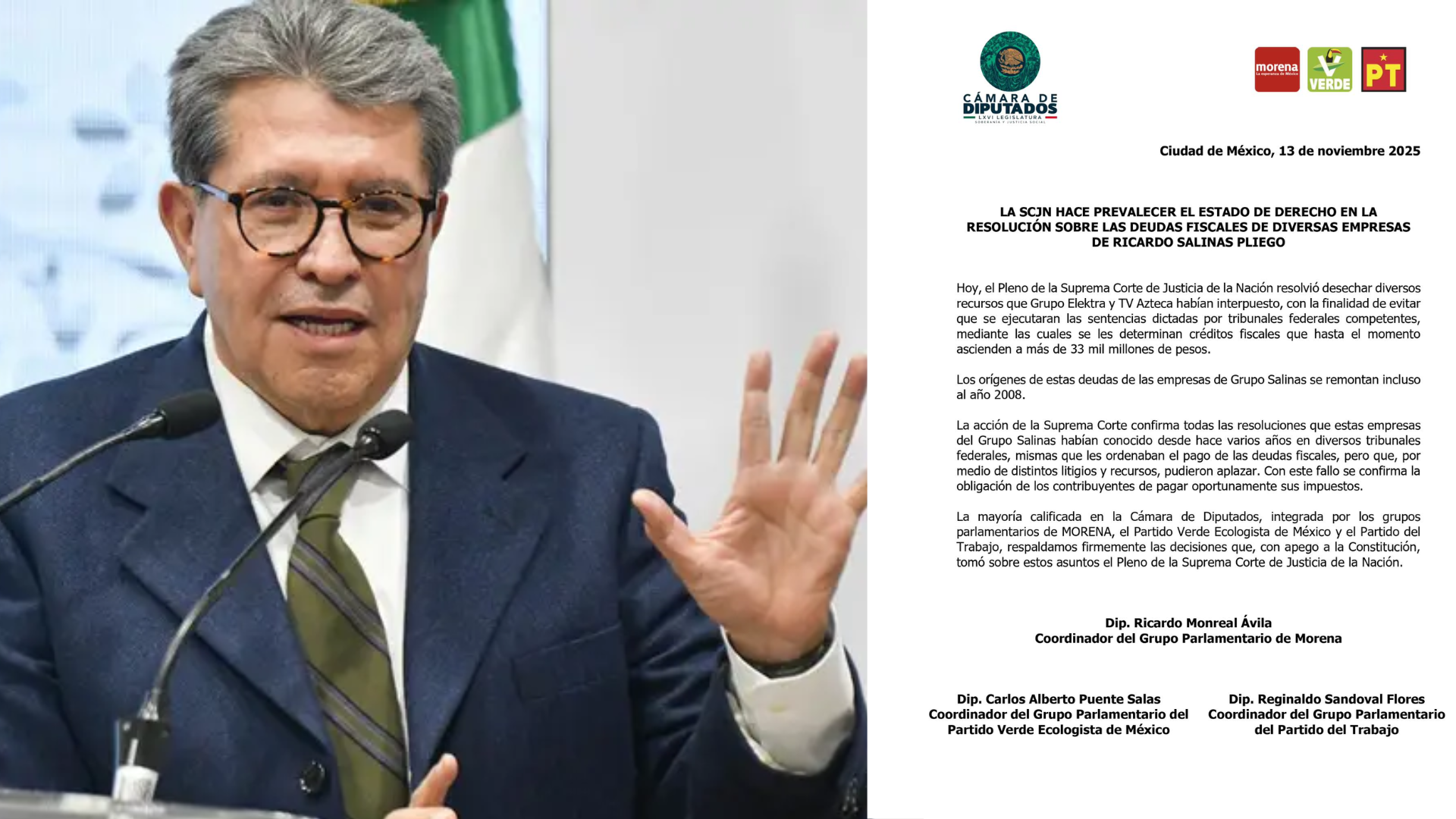 “Nadie está por encima de la ley”: Monreal sobre resolución fiscal de Salinas Pliego