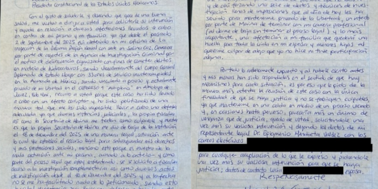 Marino acusado de huachicol envía una carta a la presidenta de México, Claudia Sheinbaum