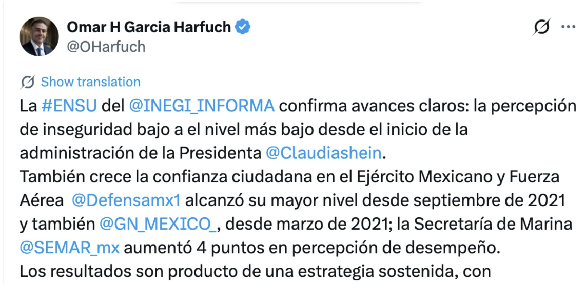 Baja percepción de inseguridad en México, destaca García Harfuch
