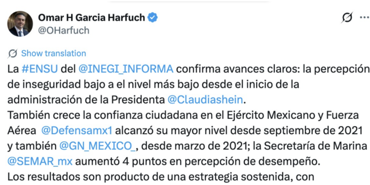 Baja percepción de inseguridad en México, destaca García Harfuch