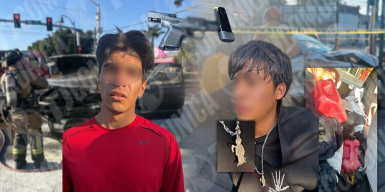 Ni la Santa Muerte los salvó; municipales de Tijuana atoran a menor y acompañante por disparar contra un hombre en taller mecánico