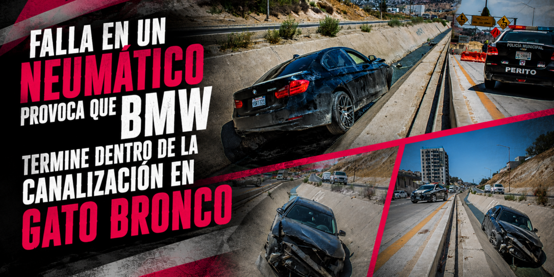 Falla en un neumático provoca que BMW termine dentro de la canalización en Gato Bronco