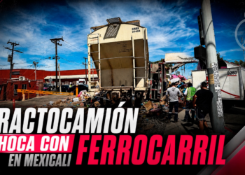 Tractocamión choca con ferrocarril en Mexicali; carga impacta auto estacionado