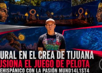 Mural en el CREA de Tijuana fusiona el juego de pelota prehispánico con la pasión mundialista