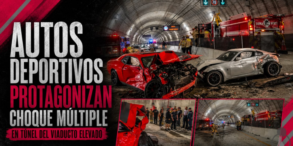 Autos deportivos protagonizan choque múltiple en túnel del viaducto elevado de Tijuana
