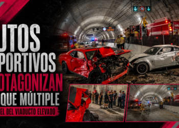 Autos deportivos protagonizan choque múltiple en túnel del viaducto elevado de Tijuana