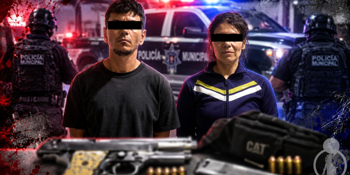 Pareja de alucines es detenida por municipales de Tijuana; les hallan una escuadra y cartuchos en una cangurera
