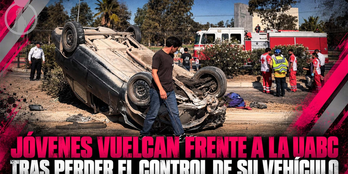Jóvenes vuelcan frente a la UABC tras perder el control de su vehículo