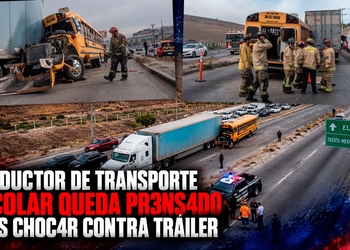 Conductor de transporte escolar queda prensado tras chocar contra tráiler; bomberos logran rescatarlo