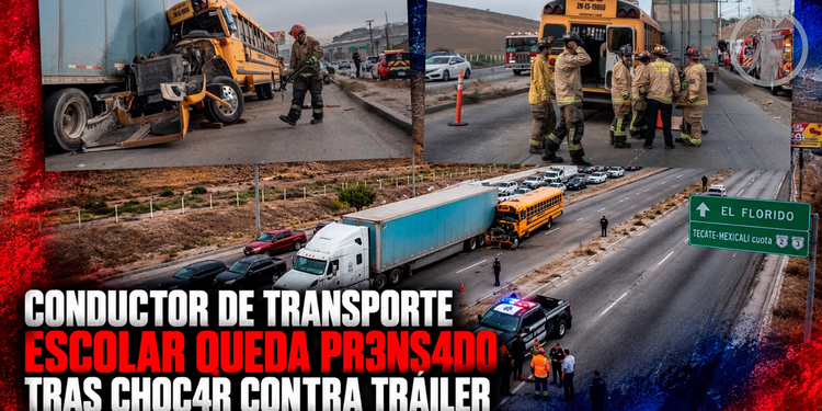 Conductor de transporte escolar queda prensado tras chocar contra tráiler; bomberos logran rescatarlo