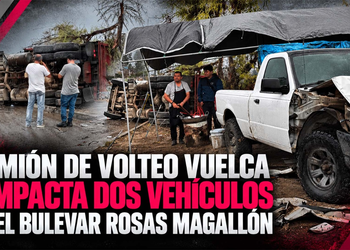 Camión de volteo vuelca e impacta dos vehículos en el bulevar Rosas Magallón