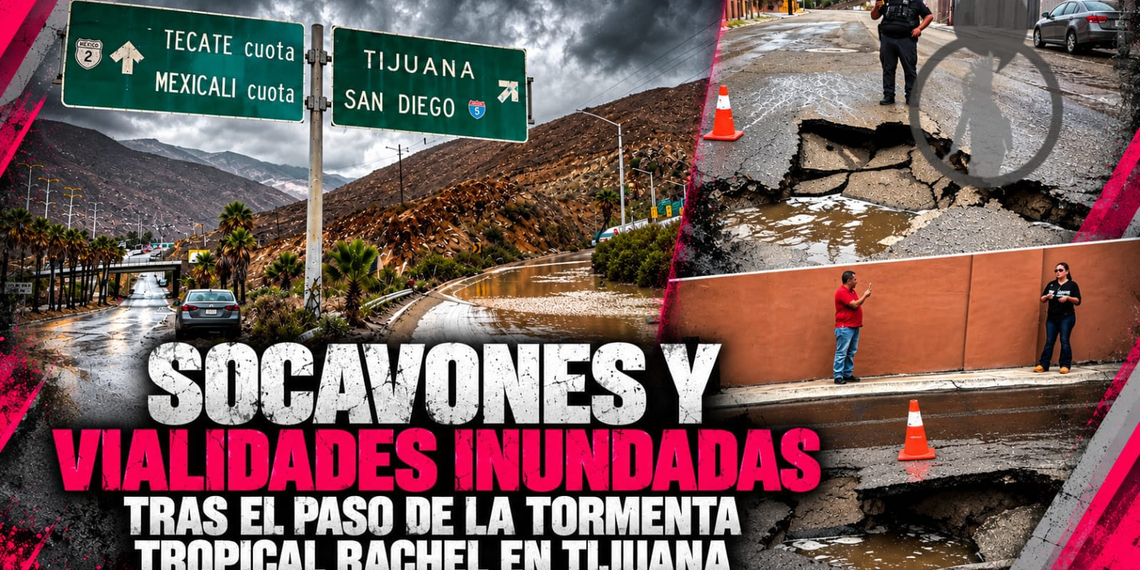 Socavones y vialidades inundadas tras el paso de la tormenta tropical Rachel en Tijuana